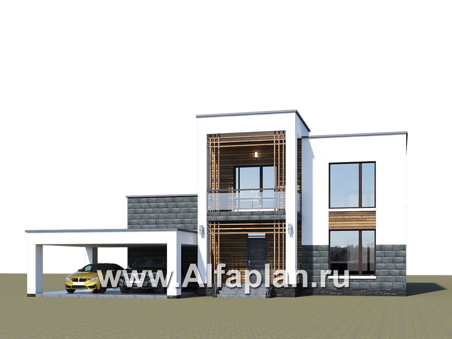 Проекты домов Альфаплан - «Футура» - современный двухэтажный дом с плоской кровлей и гаражом-навесом - дополнительное изображение №1