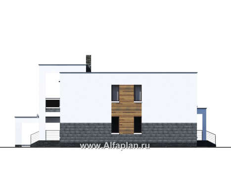 Проекты домов Альфаплан - «Футура» - современный двухэтажный дом с плоской кровлей и гаражом-навесом - превью фасада №3