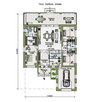 Проекты домов Альфаплан - «Зодиак» - одноэтажный коттедж с гаражом - превью плана проекта №1