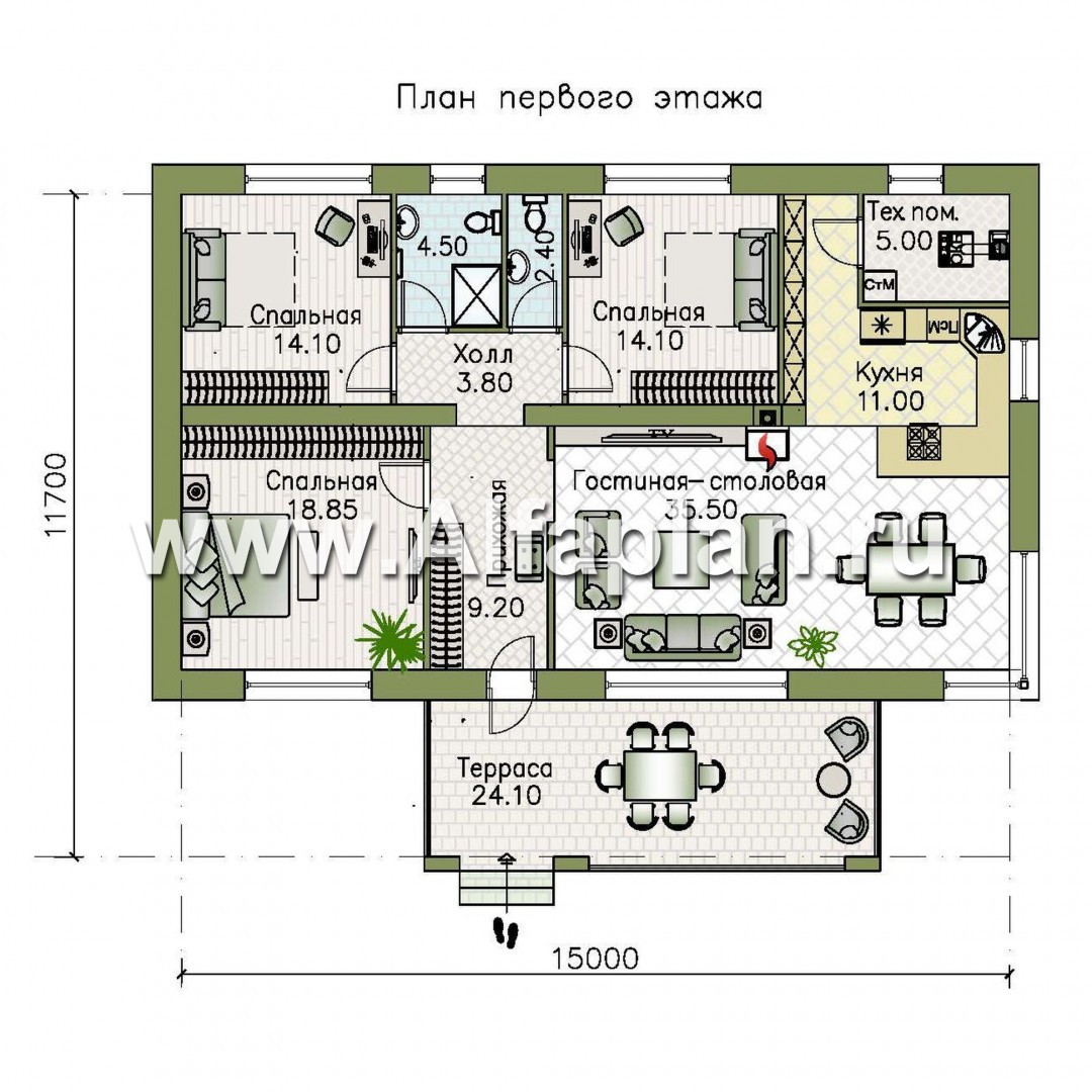 Проекты домов Альфаплан - "Соната" - проект компактного одноэтажного дома с тремя спальням - изображение плана проекта №1