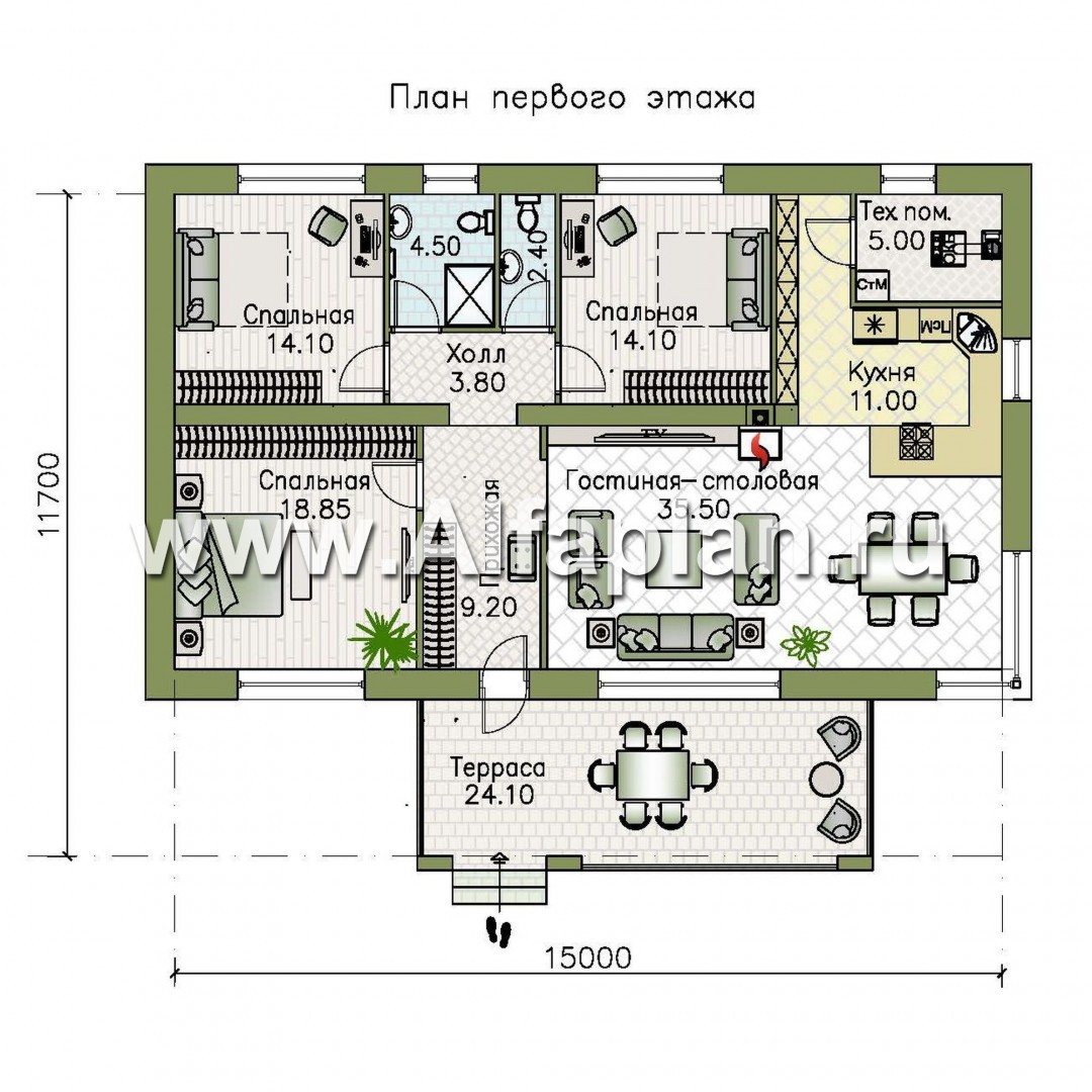 Проекты домов Альфаплан - "Соната" - проект одноэтажного дома с тремя спальнями - план проекта №1