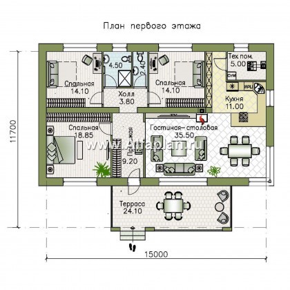 Проекты домов Альфаплан - "Соната" - проект одноэтажного дома с тремя спальнями - превью плана проекта №1