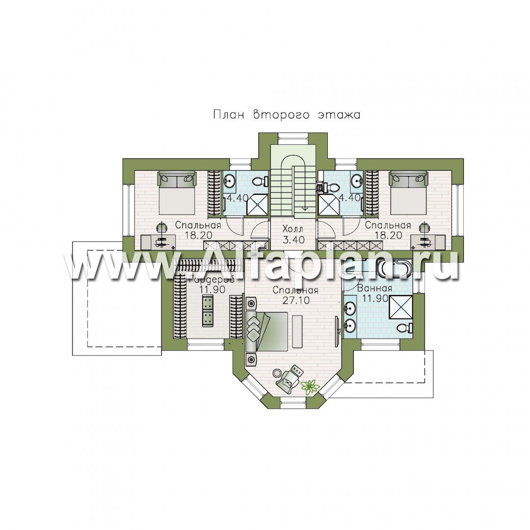 Проекты домов Альфаплан - «Меркурий» - классический двухэтажный дом с мастер-спальней в эркере - изображение плана проекта №2