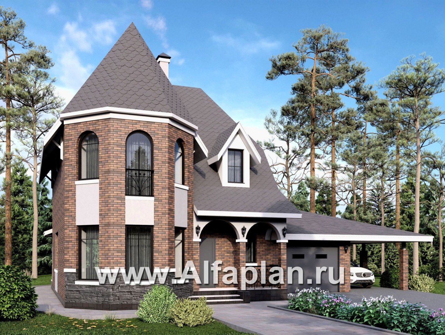 «Аврора» - проект двухэтажного дома из газобетона с эркером, с террасой и гаражом - основное изображение