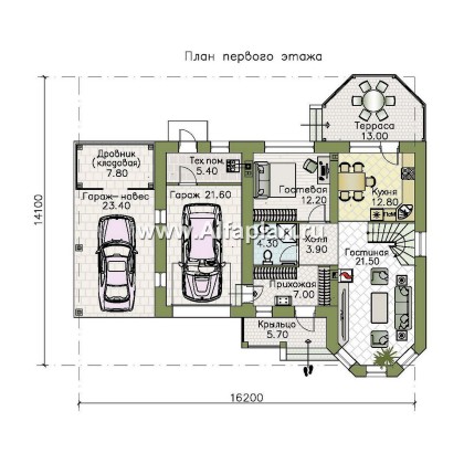 «Аврора» - проект двухэтажного дома из газобетона с эркером, с кабинетом, с террасой и гаражом - превью план дома