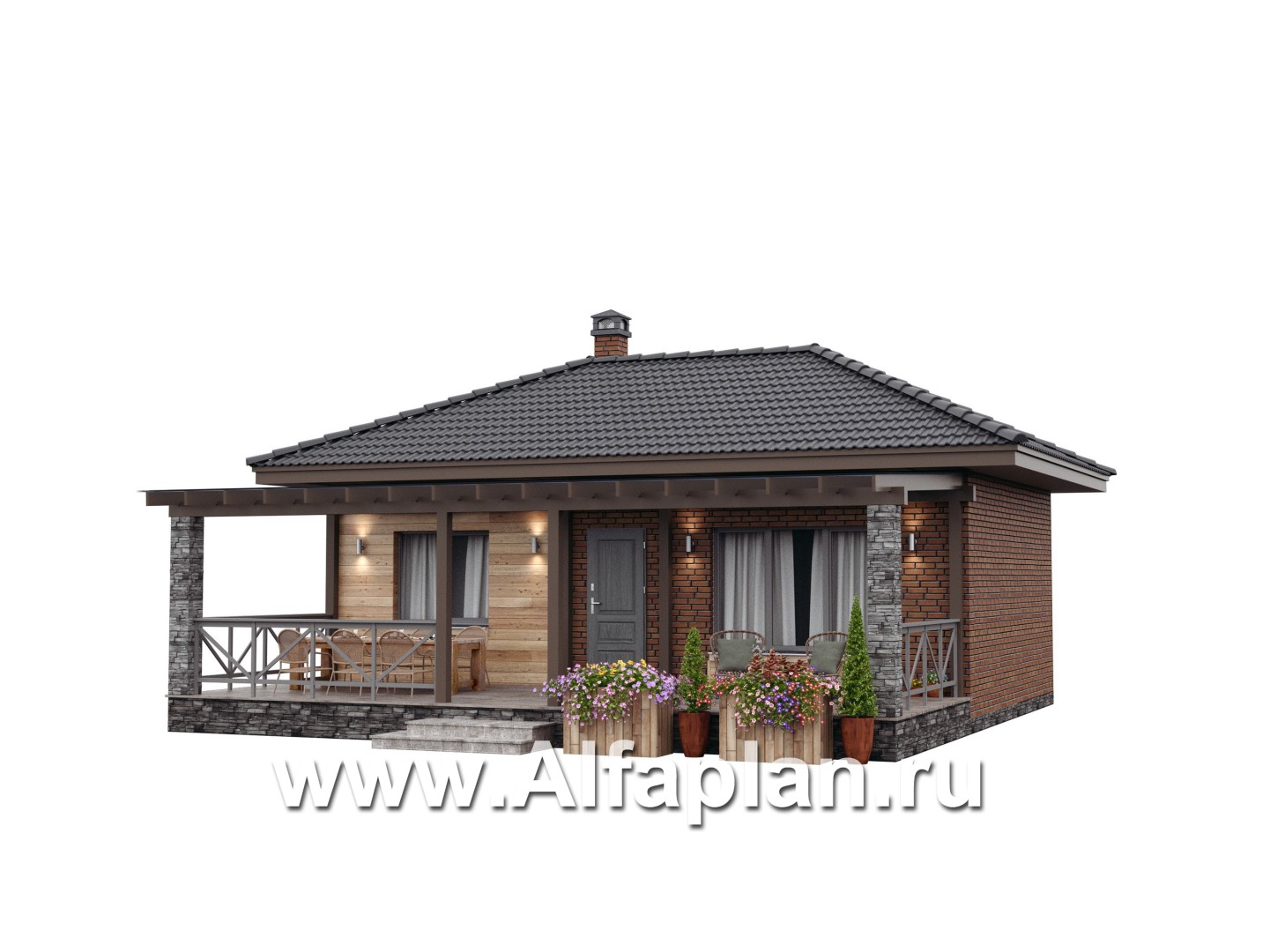Проект гостевого дома с одной спальней или с сауной, с террасой - дизайн дома №2