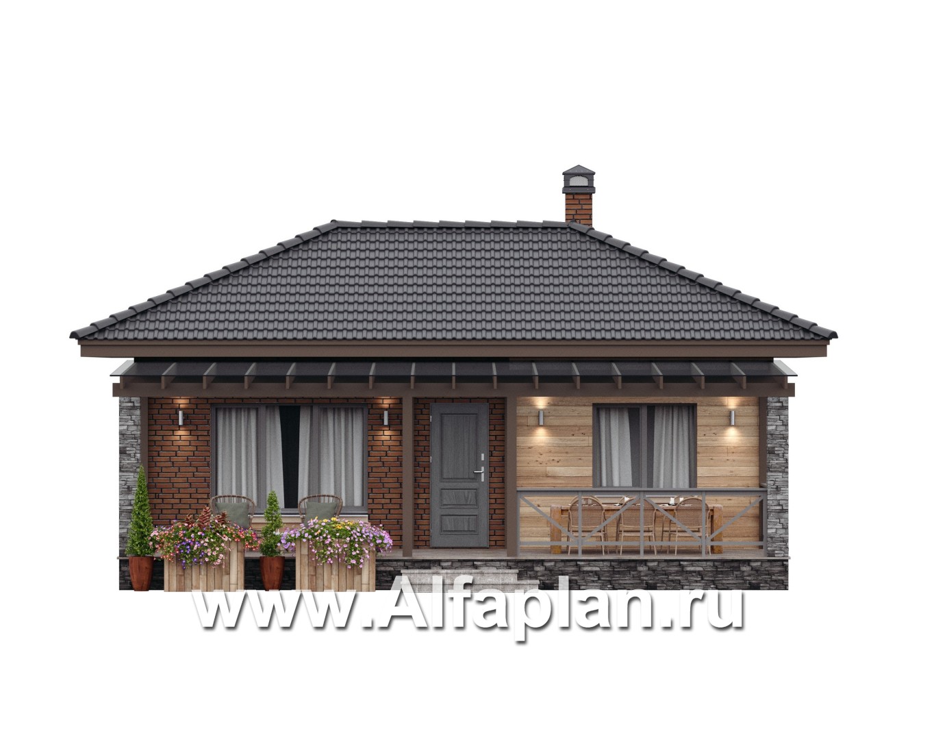 Проект гостевого дома с одной спальней или с сауной, с террасой - фасад дома