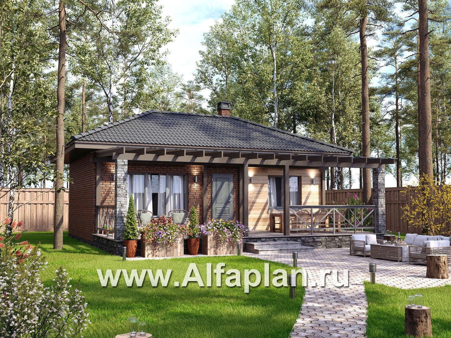 Проект гостевого дома с одной спальней или с сауной, с террасой - основное изображение