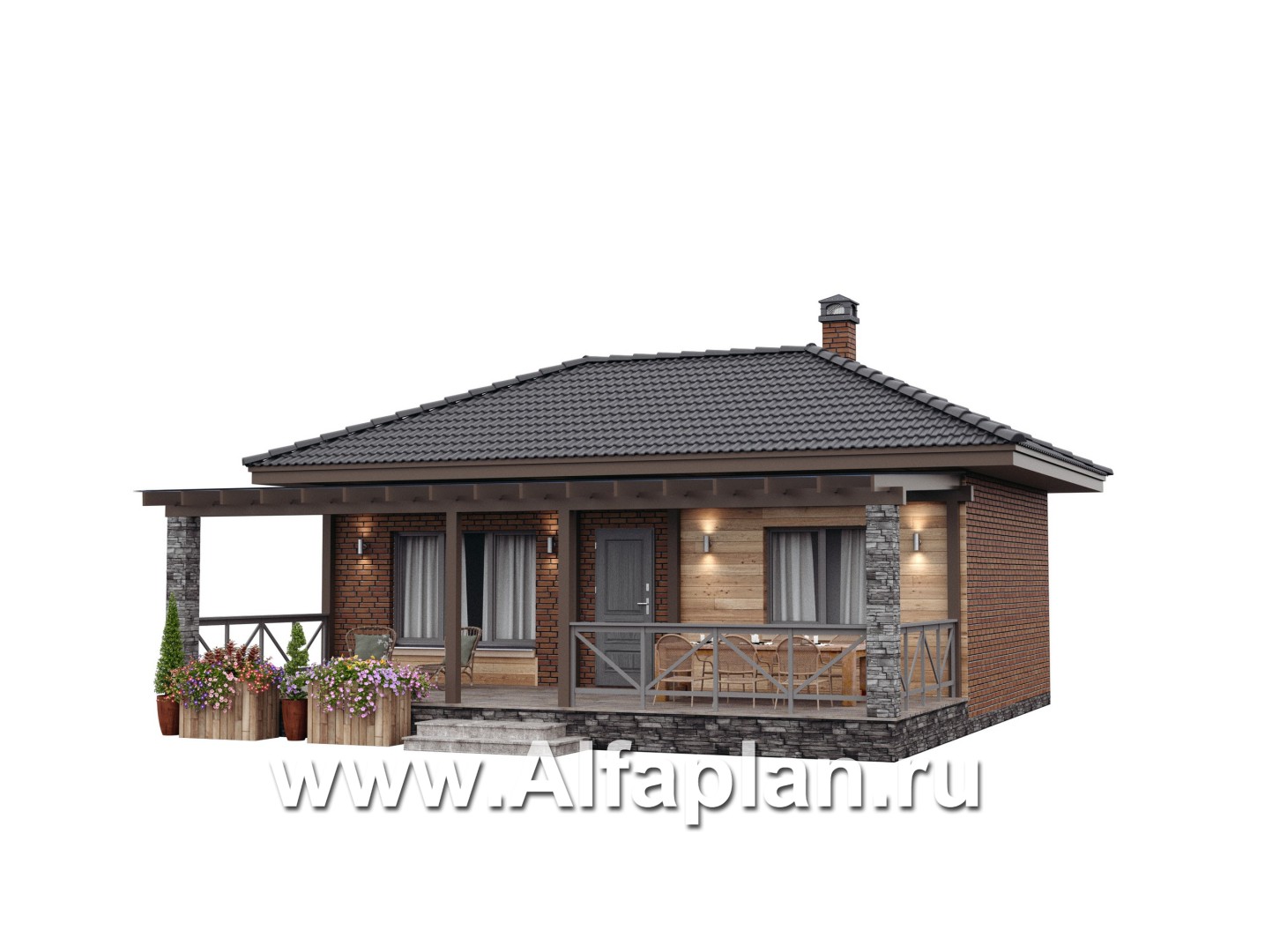 Проект гостевого дома с одной спальней или с сауной, с террасой - дизайн дома №1
