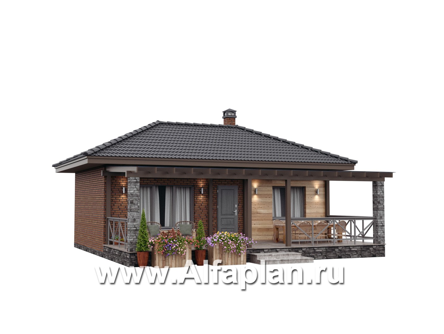 Проект гостевого дома с одной спальней или с сауной, с террасой - дизайн дома №2