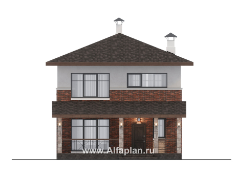 Проекты домов Альфаплан - "Остров сокровищ" - проект комфортного, простого дома из газобетона, с террасой со стороны главного фасада  - превью фасада №1