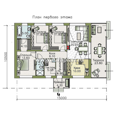 Проекты домов Альфаплан - "Пикколо" - экономичный одноэтажный дом из гзобетонных блоков, с террасой - превью плана проекта №1