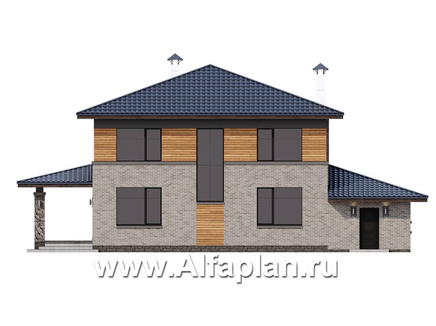 «Компас» - проект двухэтажного дома из газобетона, стеррасой и гаражом, в стиле Райта - фасад дома