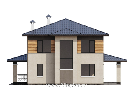 Проекты домов Альфаплан - "Монтана" - проект двухэтажного дома из кирпичей в стиле Райта - превью фасада №4