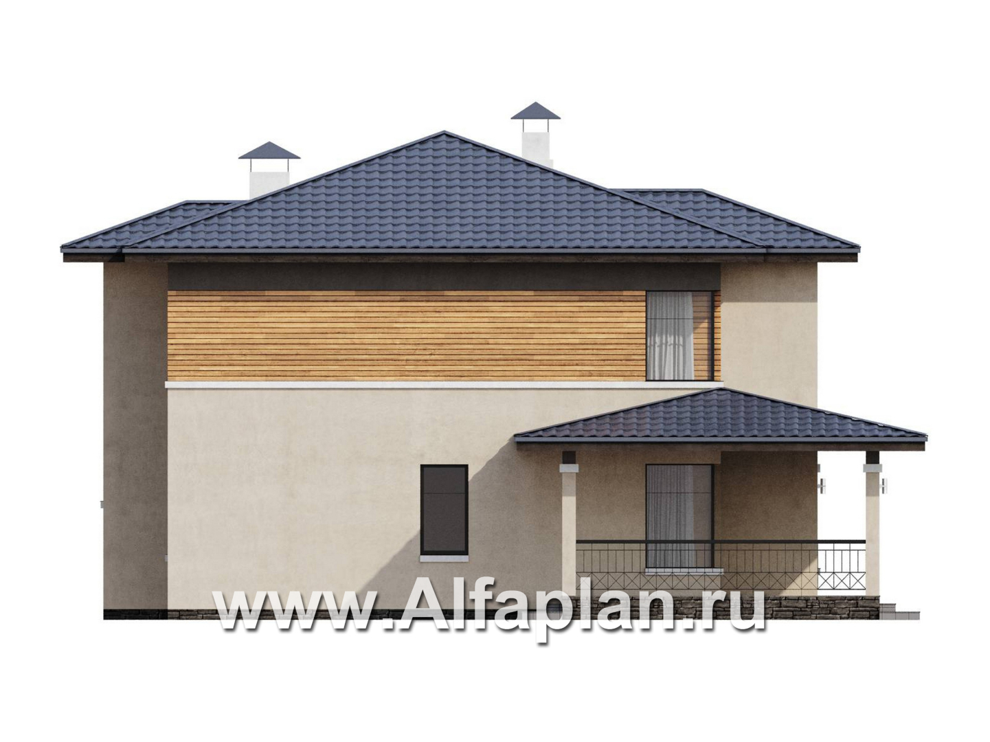 Проекты домов Альфаплан - "Монтана" - проект двухэтажного дома из кирпичей в стиле прерий (Райта) - изображение фасада №3