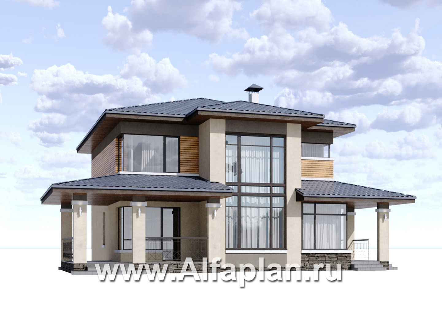 Проекты домов Альфаплан - "Монтана" - проект двухэтажного дома из кирпичей в стиле прерий (Райта) - дополнительное изображение №1