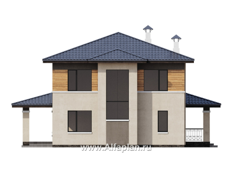 Проекты домов Альфаплан - "Монтана" - проект двухэтажного дома из кирпичей в стиле Райта - превью фасада №4