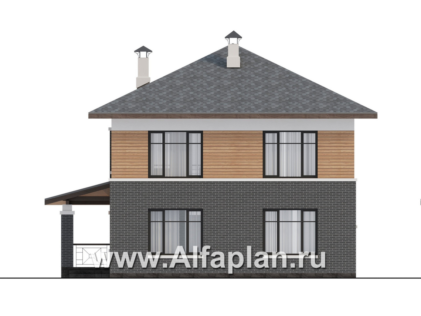 Проекты домов Альфаплан - "Отрадное" - дизайн дома в стиле Райта, с террасой на главном фасаде - изображение фасада №4