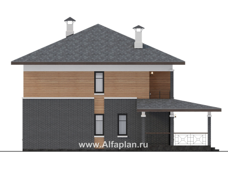 Проекты домов Альфаплан - "Отрадное" - дизайн дома в стиле Райта, с террасой на главном фасаде - превью фасада №3
