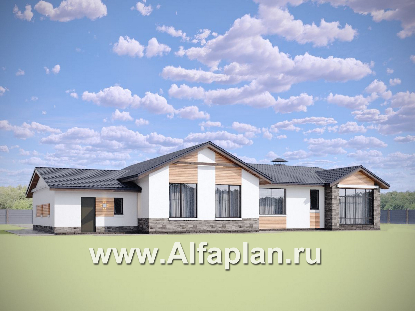 «Альтернатива» - проект современного одноэтажного дома, мастер спальня, с сауной и с террасой - дизайн дома №1