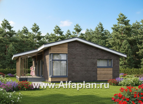 «Алладин» - проект одноэтажного дома, мастер спальня, с террасой и красивым потолком гостиной со стропилами - превью дополнительного изображения №1