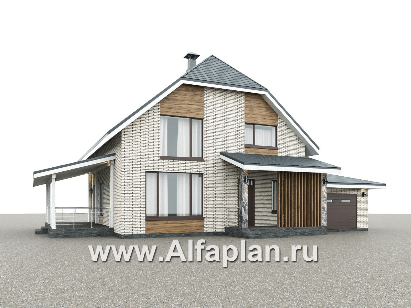 «Династия» - проект дома с мансардой, мастер спальня, с террасой сбоку и гаражом с мастерской - дизайн дома №1