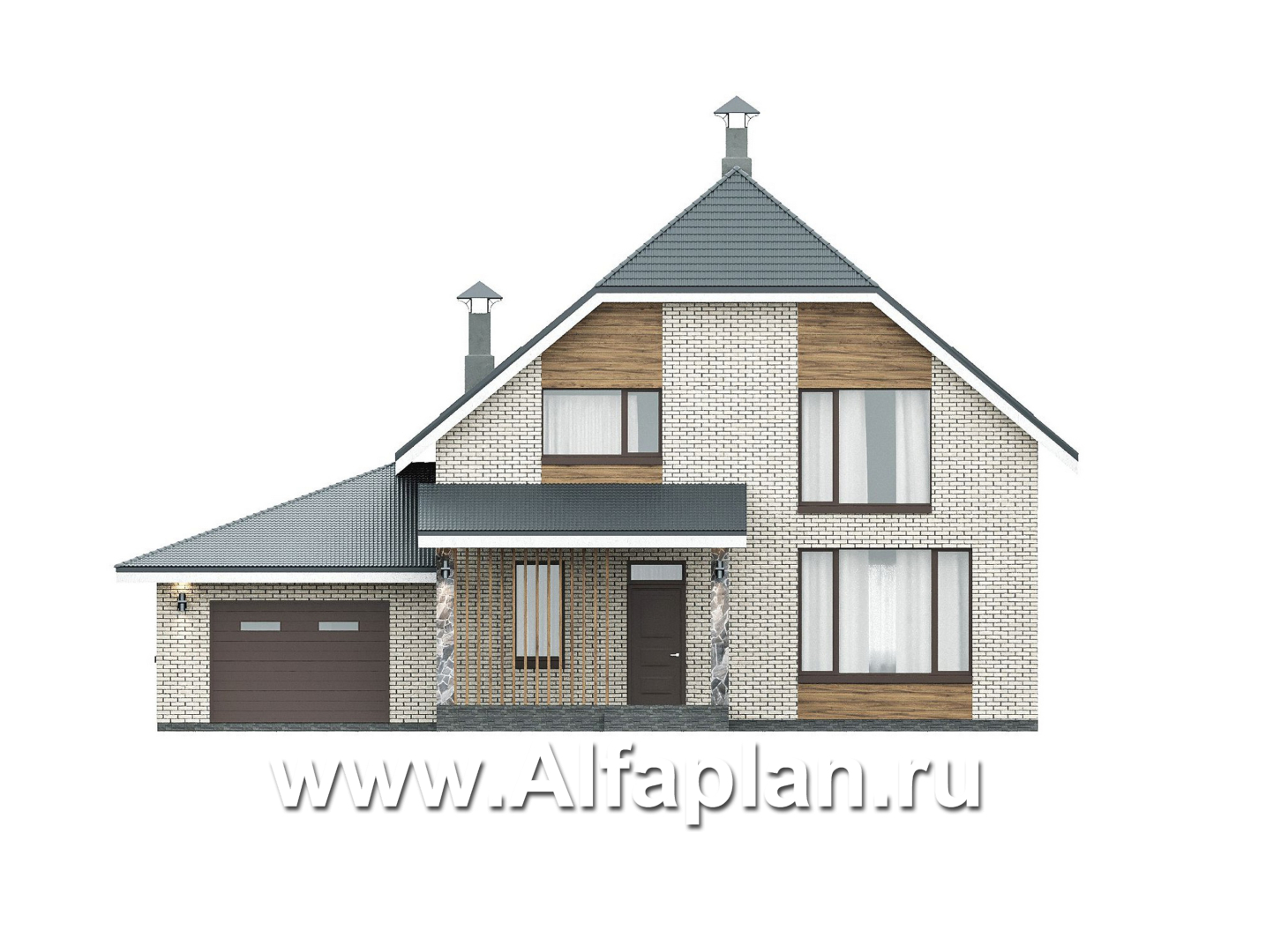 «Династия» - проект дома с мансардой, мастер спальня, с террасой и гаражом с мастерской - фасад дома