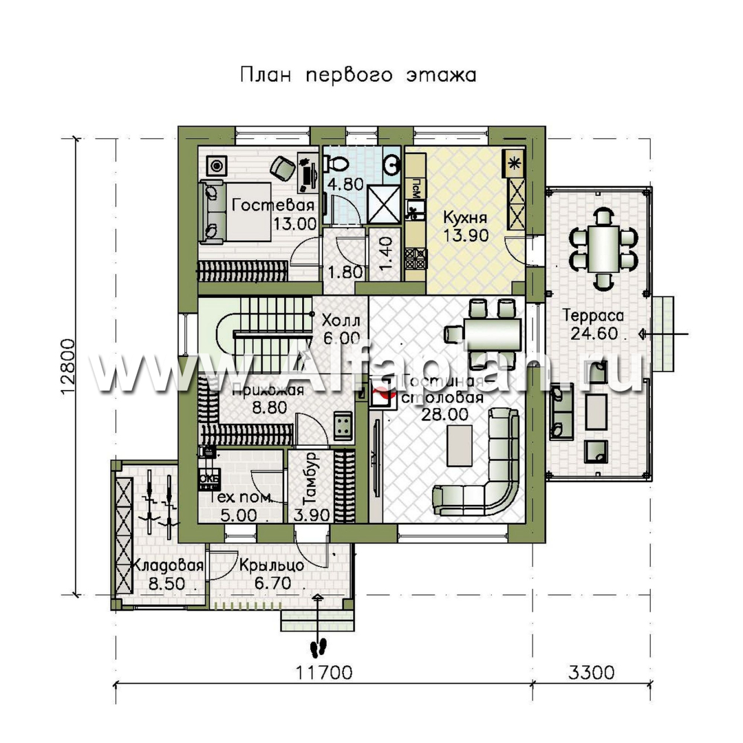 «Династия» - проект дома с мансардой, с террасой сбоку, мастер спальня - план дома