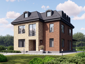 Проект двухэтажного дома, с мансардой, планировка с террасой и с биллиардной, в современном стиле