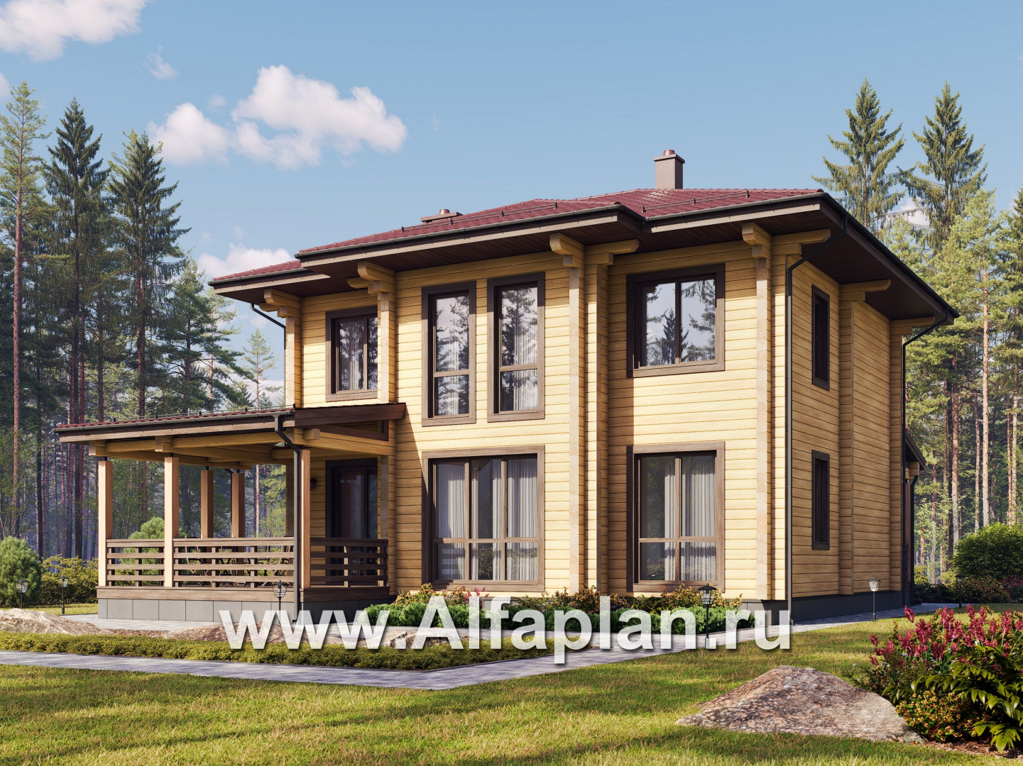 Проект двухэтажного дома из клееного бруса, планировка со спальней на 1 эт, с террасой - основное изображение