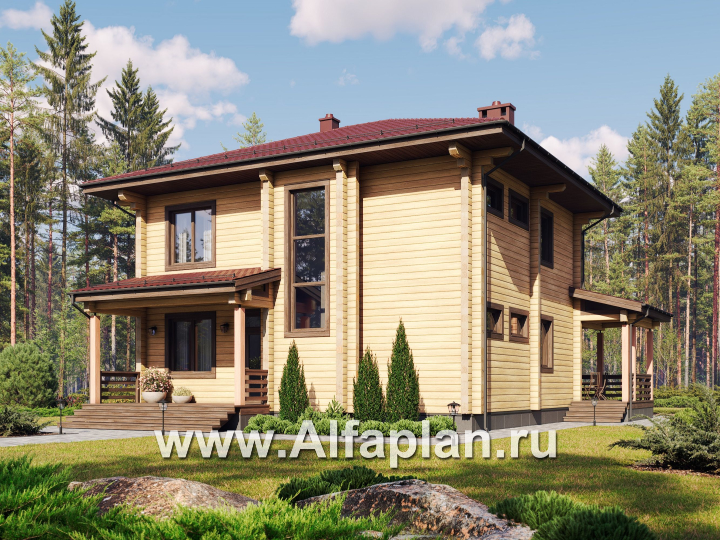 Проект двухэтажного дома из клееного бруса, планировка со спальней на 1 эт, с террасой - дизайн дома №1