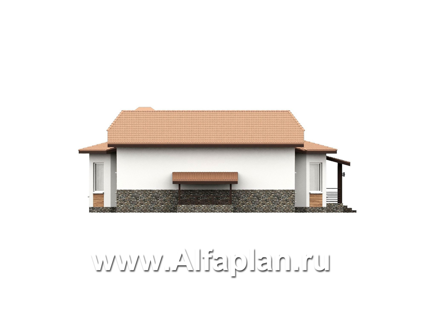 «Ной и команда» - проект полутораэтажного коттеджа, планировка мастер спальня, с эркером и с террасой, с сауной в цоколе - фасад дома