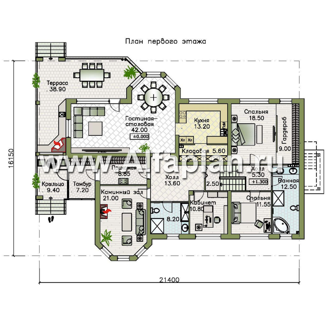 «Ной и команда» - проект полутораэтажного коттеджа, планировка мастер спальня, с эркером и с террасой, с сауной в цоколе - план дома