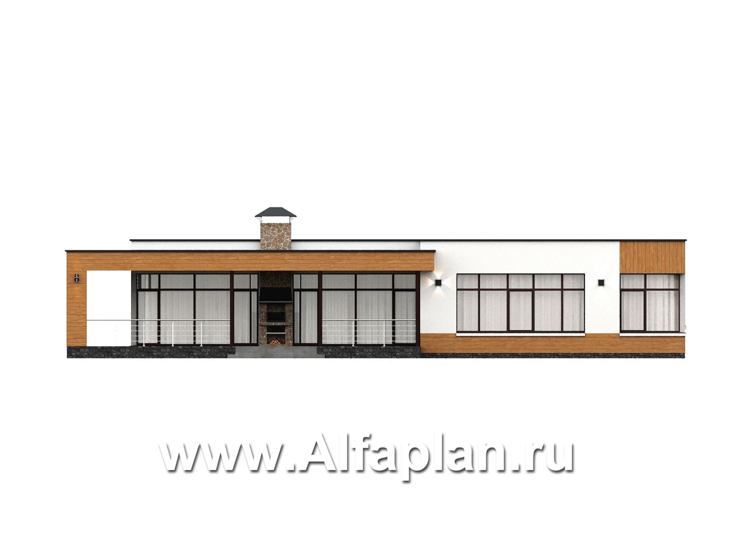 «Финансист» - проект одноэтажного дома, планировка мастер спальня, с сауной и с террасой - фасад дома