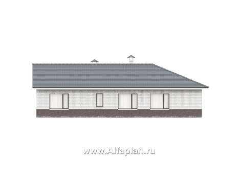 «Рубикон» - проект одноэтажного дома из кирпича, с панорамным эркером и с просторной террасой, в современном стиле - превью фасада дома