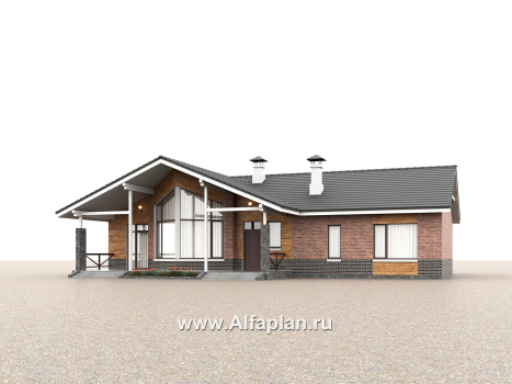 «Рубикон» - проект одноэтажного дома, планировка с панорамным эркером и с просторной террасой, в современном стиле - превью дополнительного изображения №1