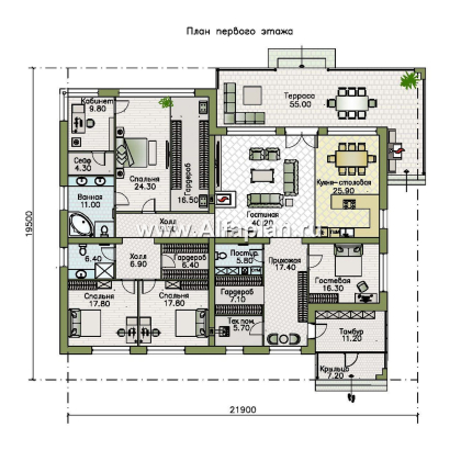 «Финансист» - проект одноэтажного дома, планировка мастер спальня, с сауной и с террасой - превью план дома