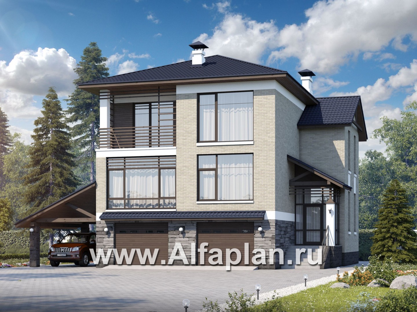 Проекты домов Альфаплан - «Линия горизонта» - современный коттедж с гаражом в цоколе - основное изображение