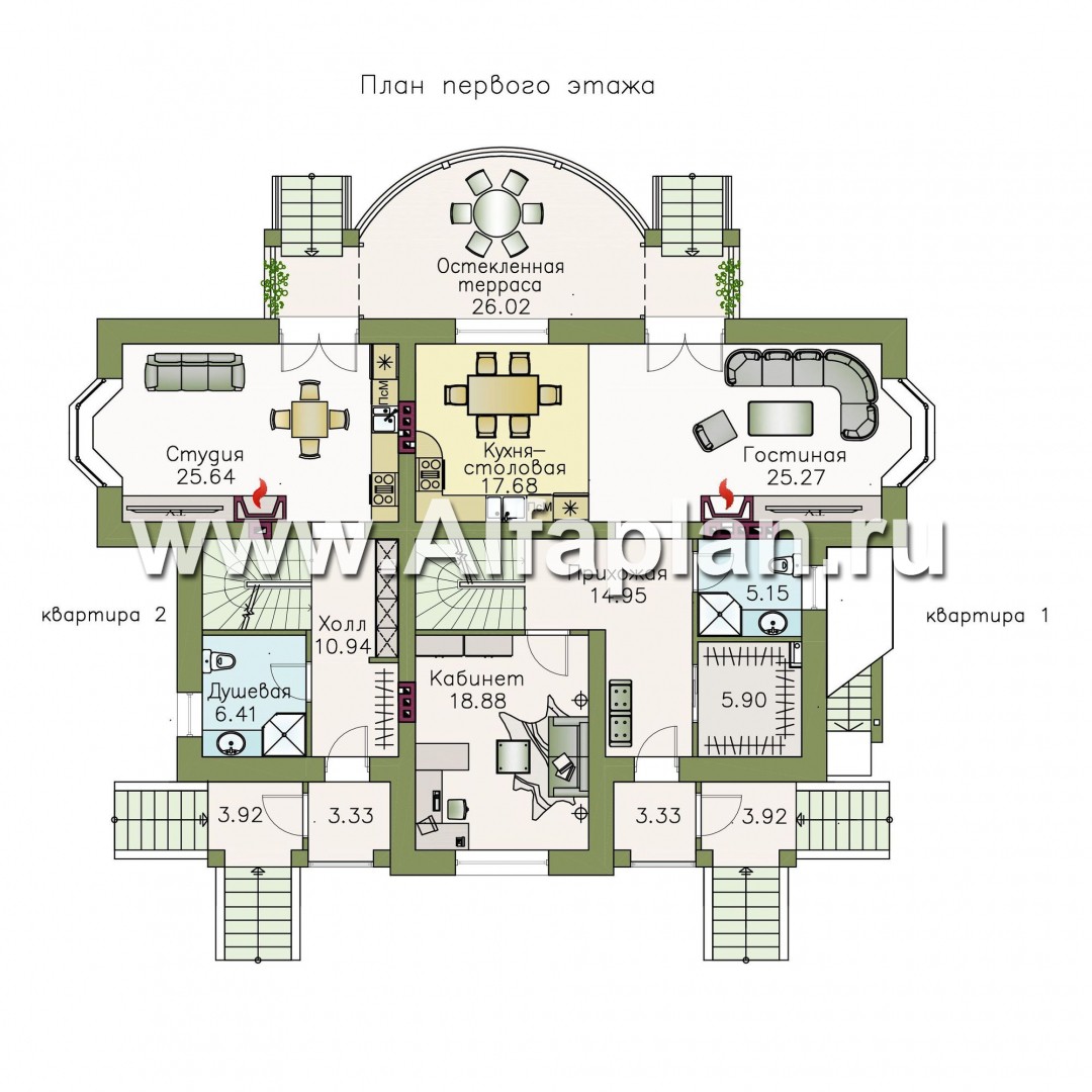 Проекты домов Альфаплан - «Родное сердце» - дом с цокольным этажом на две семьи для детей и родителей - план проекта №2