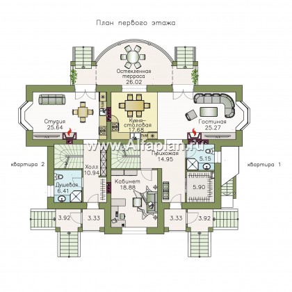 Проекты домов Альфаплан - «Родное сердце» - дом с цокольным этажом на две семьи для детей и родителей - превью плана проекта №2
