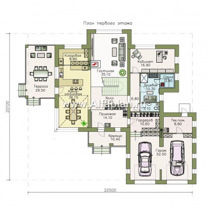 Проекты домов Альфаплан - «Луара» — просторный современный коттедж с двусветной столовой и гаражом - превью плана проекта №1