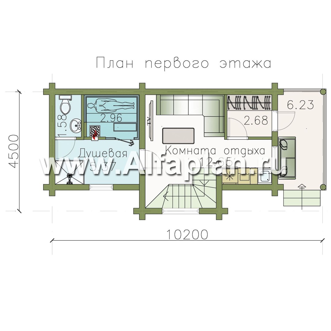 Проекты домов Альфаплан - Баня из бревен с гостевой спальной комнатой в мансарде - план проекта №1
