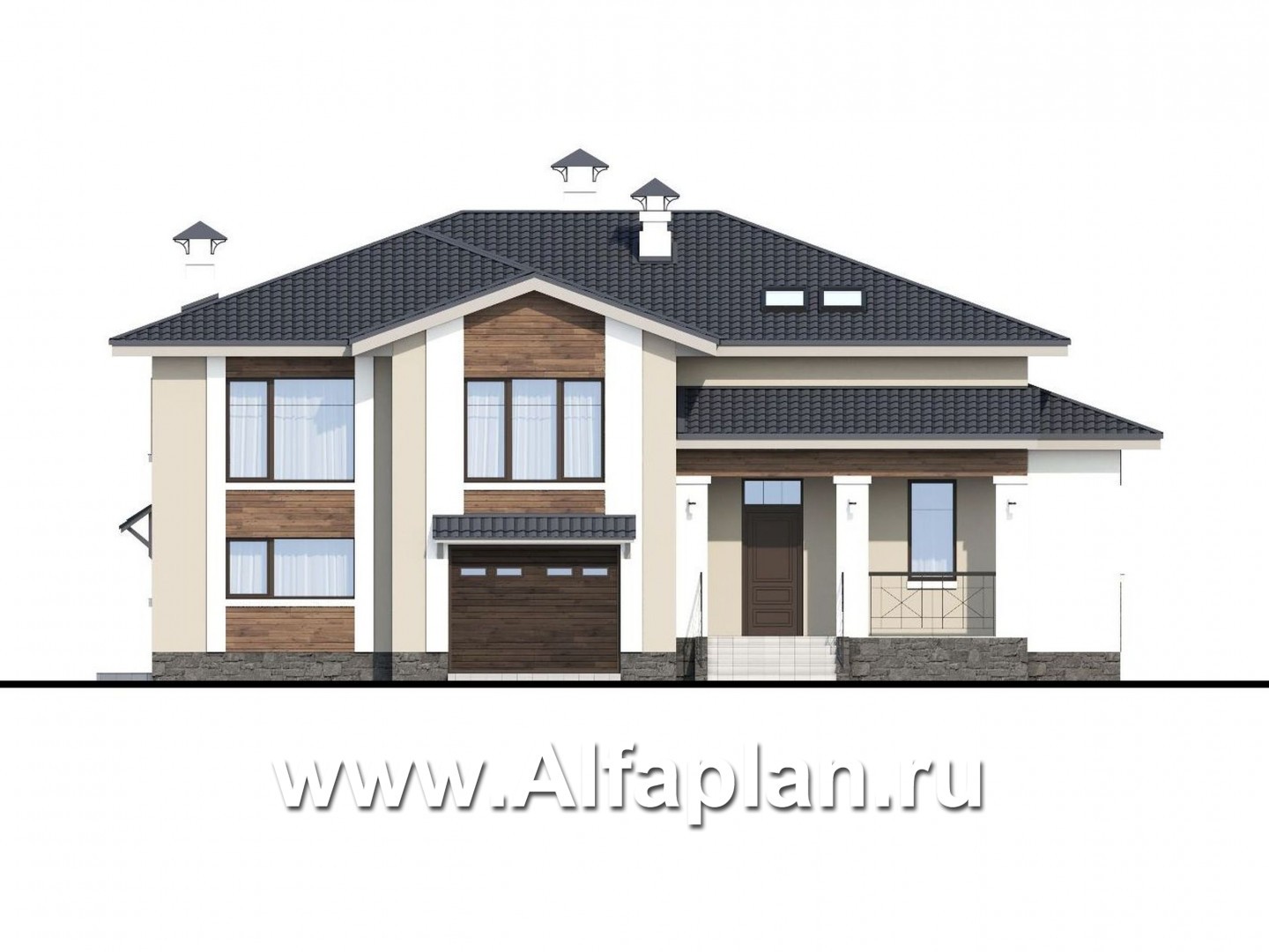 «Мажестик» - современный проект коттеджа в полтора этажа, с гаражом и сауной - фасад дома