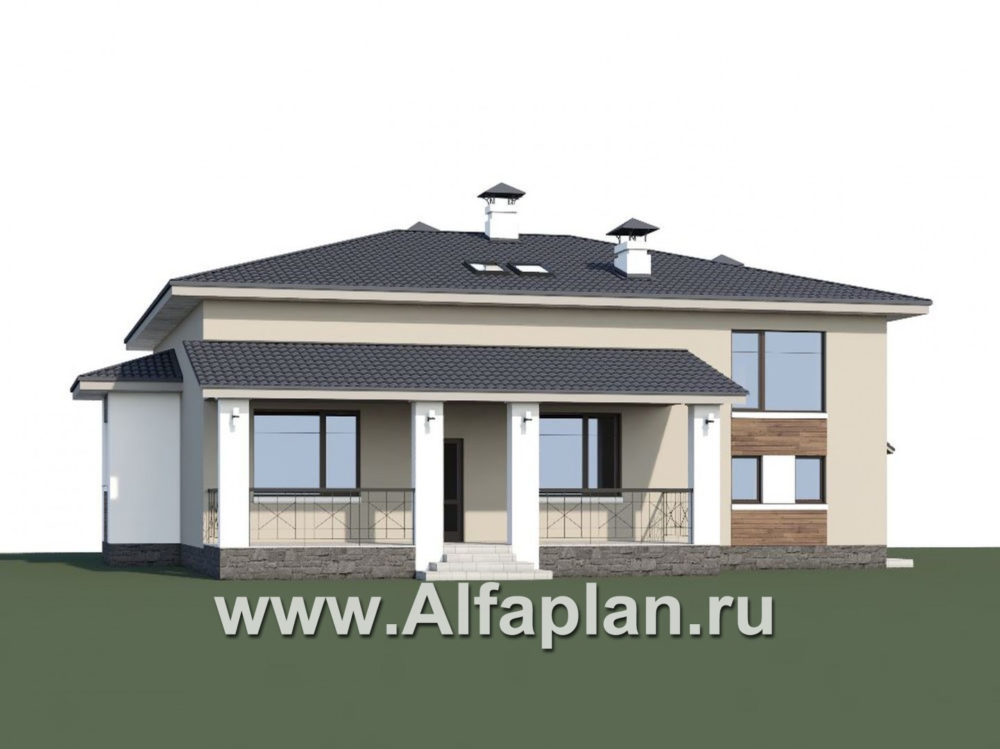 «Мажестик» - современный проект коттеджа в полтора этажа, с гаражом и сауной - дизайн дома №1