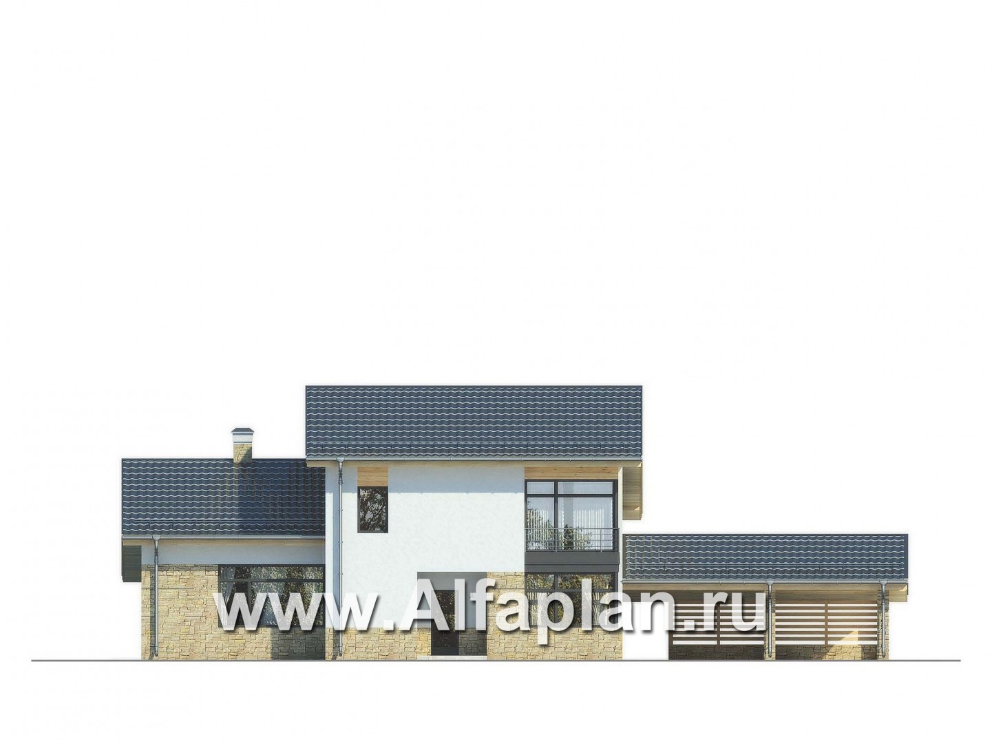Проекты домов Альфаплан - Эффектный коттедж с навесом для двух машин - изображение фасада №1