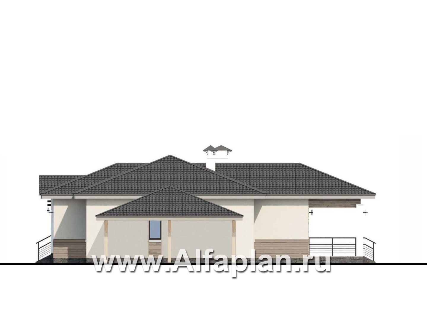 Проекты домов Альфаплан - «Витамин» - одноэтажный дом с террасой и навесом для машины - изображение фасада №2