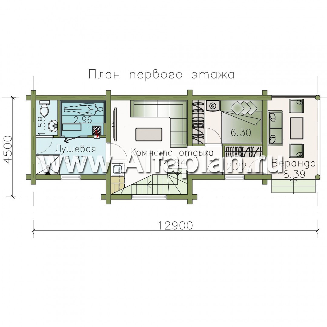 Проекты домов Альфаплан - Баня из бревен - гостевой дом с двумя спальными - план проекта №1