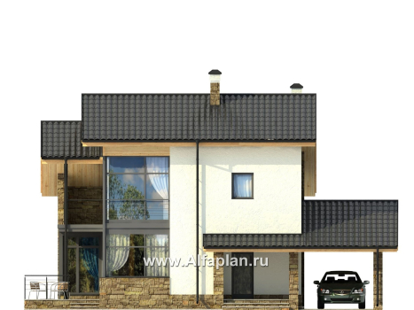 Проект дома с мансардой, с террасой и с навесом на 1 авто, кирпичный коттедж в стиле хай-тек - превью фасада дома