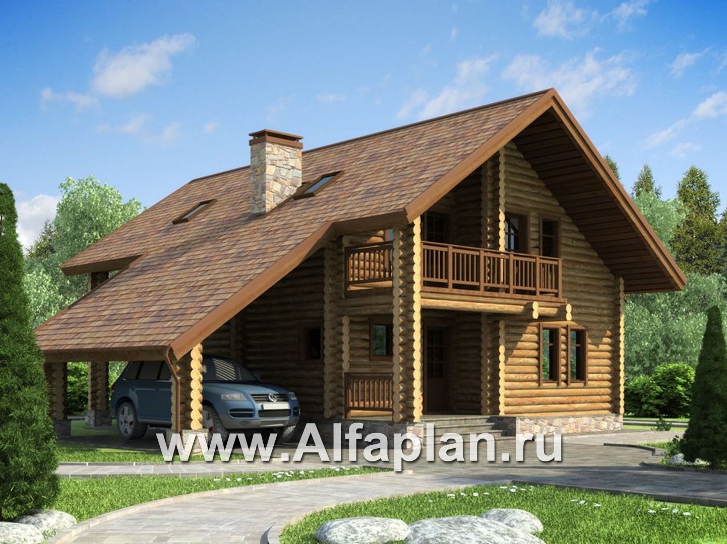 Проекты домов Альфаплан - Деревянный дом с навесом для машины - основное изображение