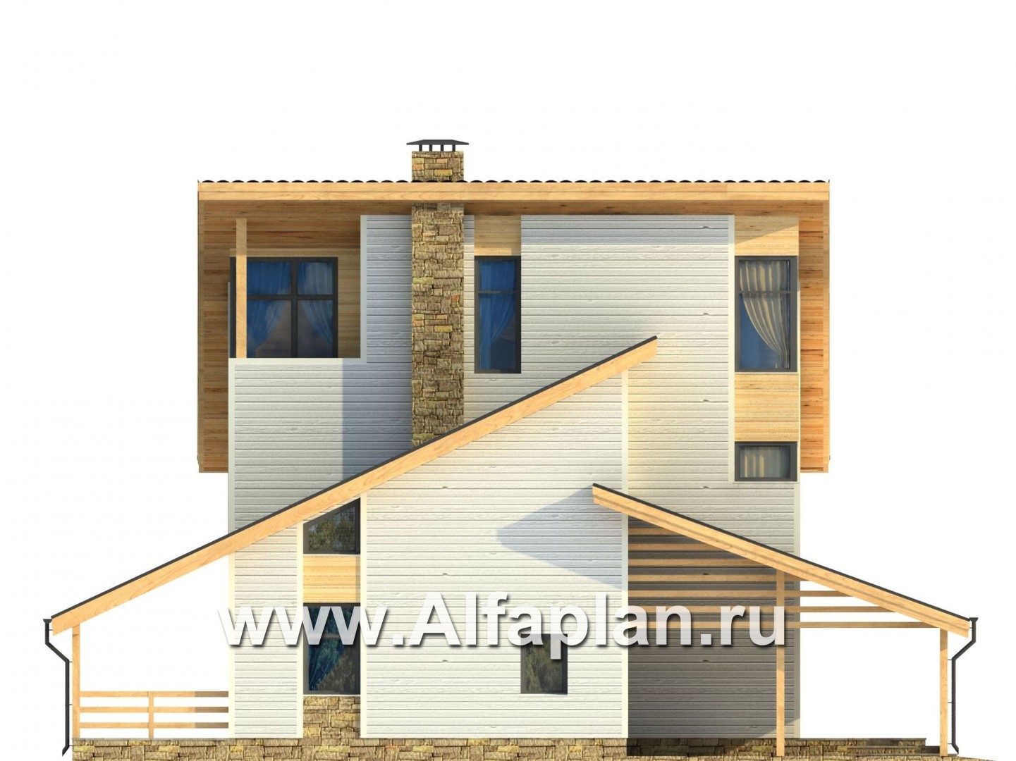 Проекты домов Альфаплан - Каркасный дом с террасой и навесом для машины - изображение фасада №2